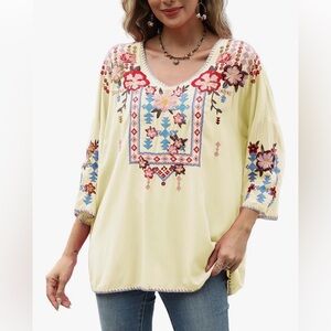 NWT Grosy Boho Multicolored Floral Embroidered Light Yellow Peasant Blouse Large